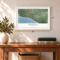 Mandeville, Louisiana map, 12 x 18 inch print in a white frame in an entryway