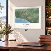 Mandeville, Louisiana map, 18 x 24 inch print in a white frame in a home office