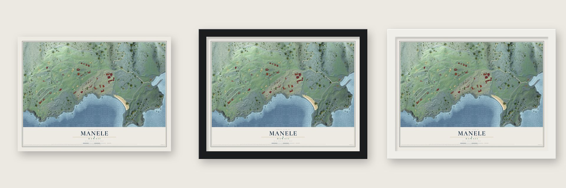 Manele, Hawaii map unframed, in a black wood frame and in a white wood frame