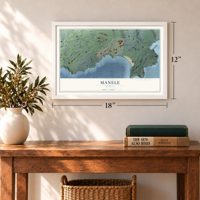 Manele, Hawaii map, 12 x 18 inch print in a white frame in an entryway