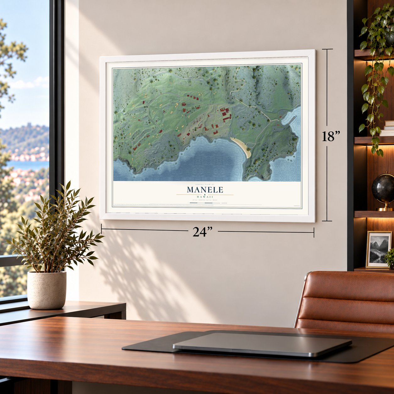 Manele, Hawaii map, 18 x 24 inch print in a white frame in a home office