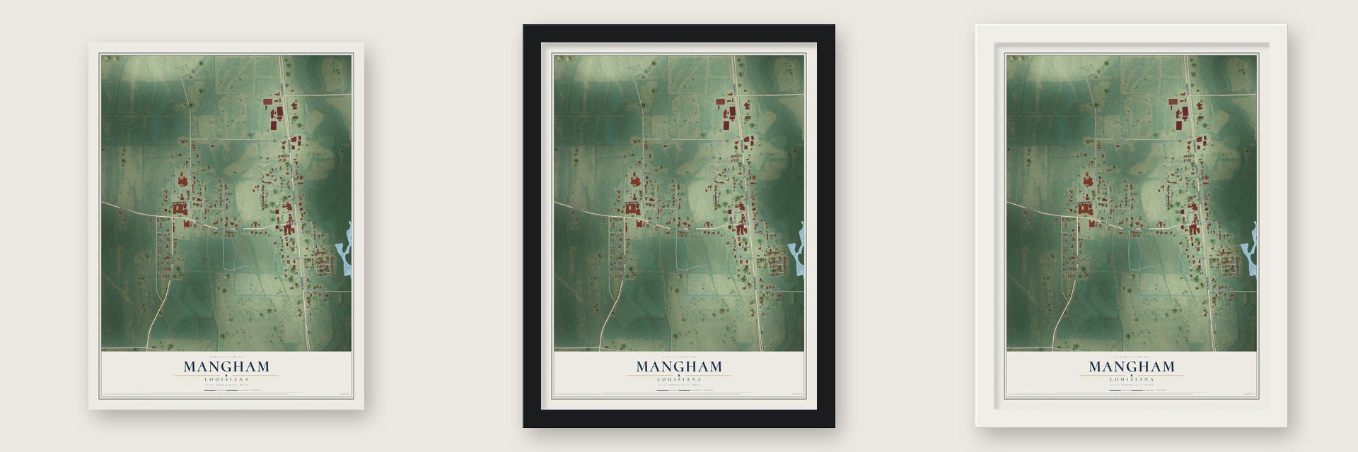 Mangham, Louisiana map unframed, in a black wood frame and in a white wood frame