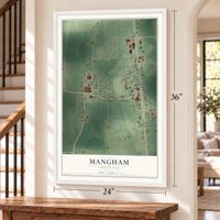 Mangham, Louisiana map, 24 x 36 inch print in a white frame by a staircase