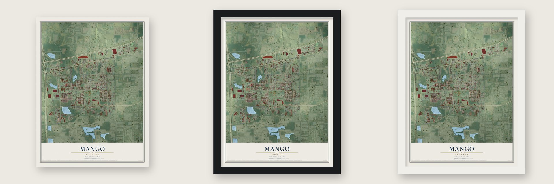 Mango, Florida map unframed, in a black wood frame and in a white wood frame