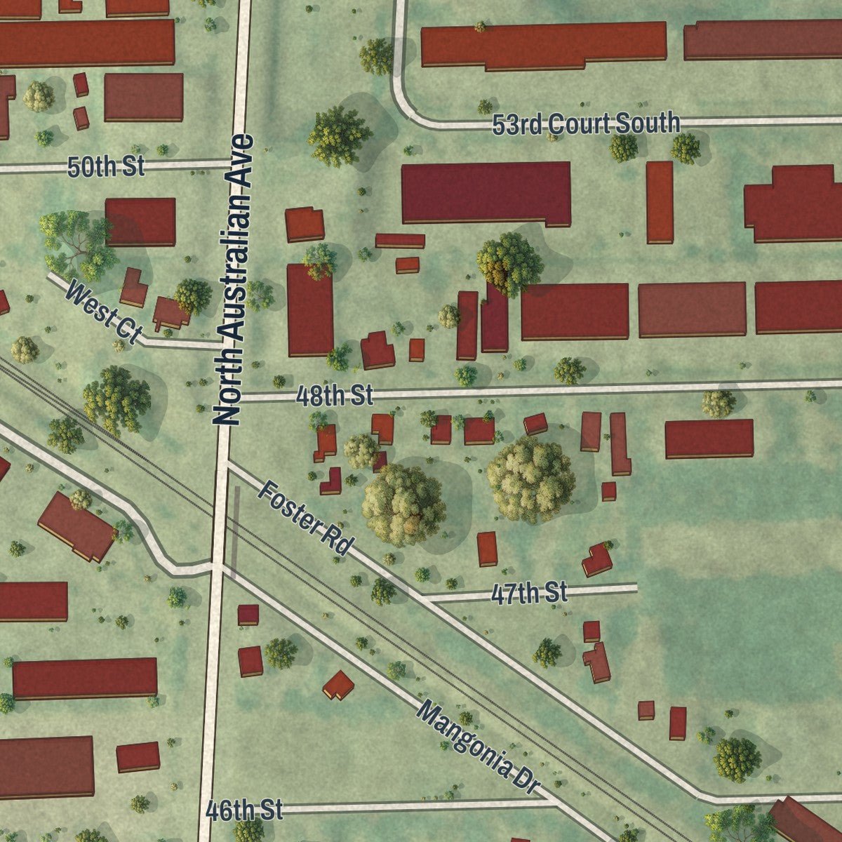 Second close-up of the map of Mangonia Park, Florida print showing more streets and buildings