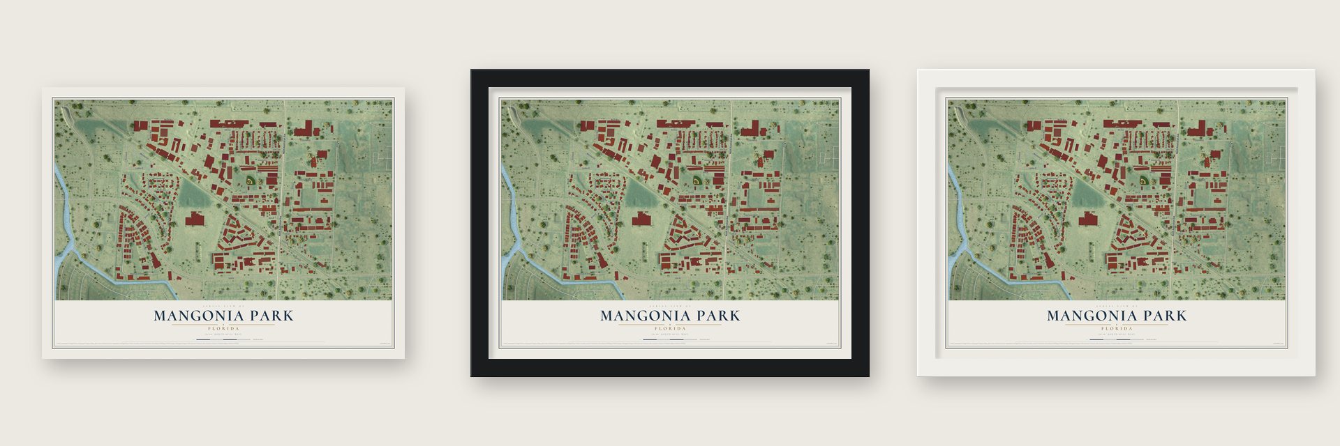 Mangonia Park, Florida map unframed, in a black wood frame and in a white wood frame