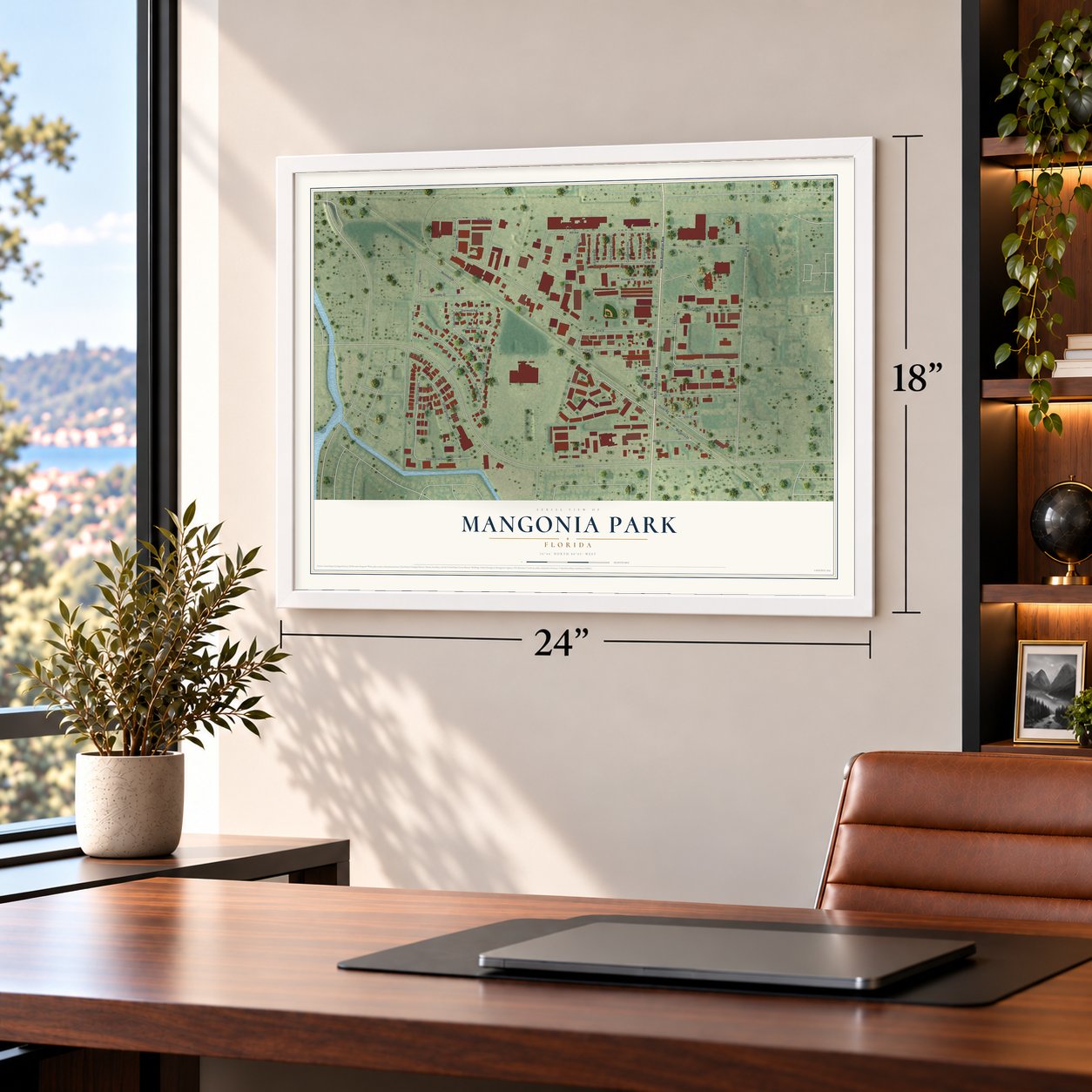 Mangonia Park, Florida map, 18 x 24 inch print in a white frame in a home office