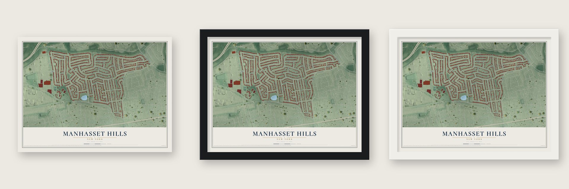 Manhasset Hills, New York map unframed, in a black wood frame and in a white wood frame