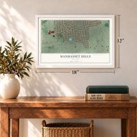 Manhasset Hills, New York map, 12 x 18 inch print in a white frame in an entryway