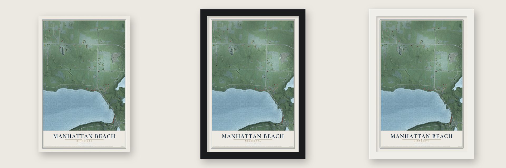 Manhattan Beach, Minnesota map unframed, in a black wood frame and in a white wood frame