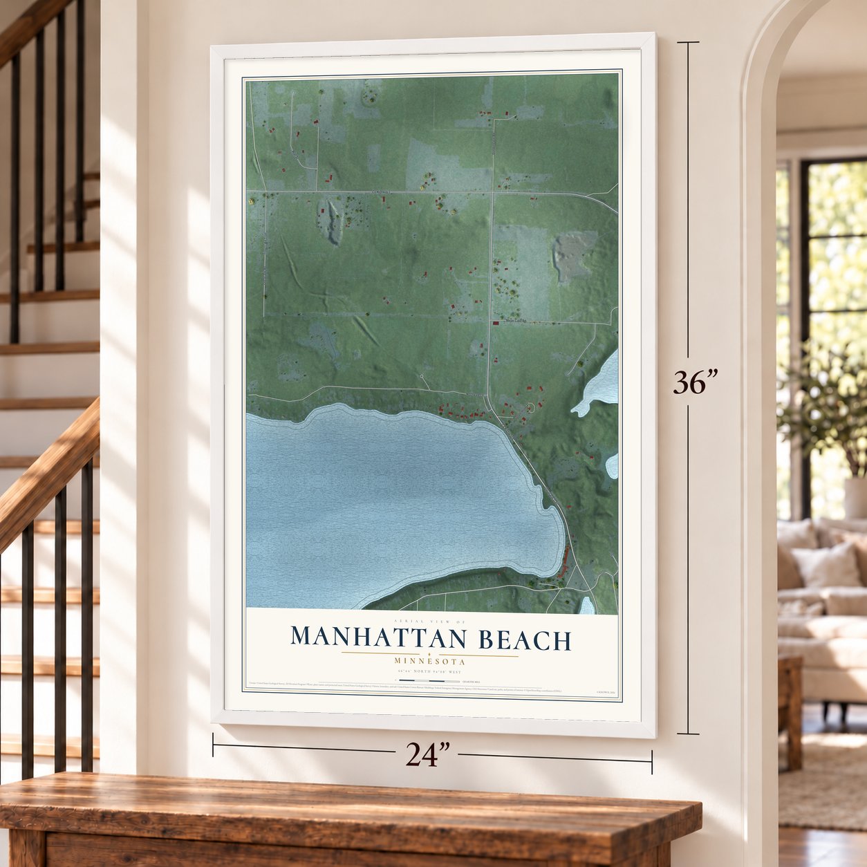 Manhattan Beach, Minnesota map, 24 x 36 inch print in a white frame by a staircase