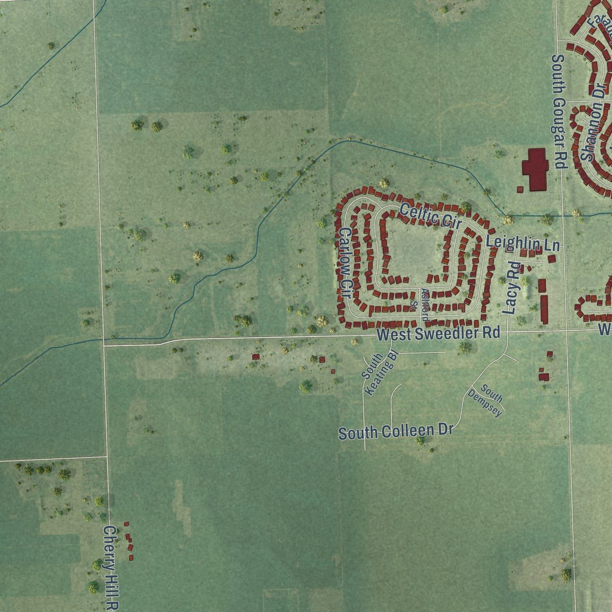 Second close-up of the map of Manhattan, Illinois print showing more streets and buildings