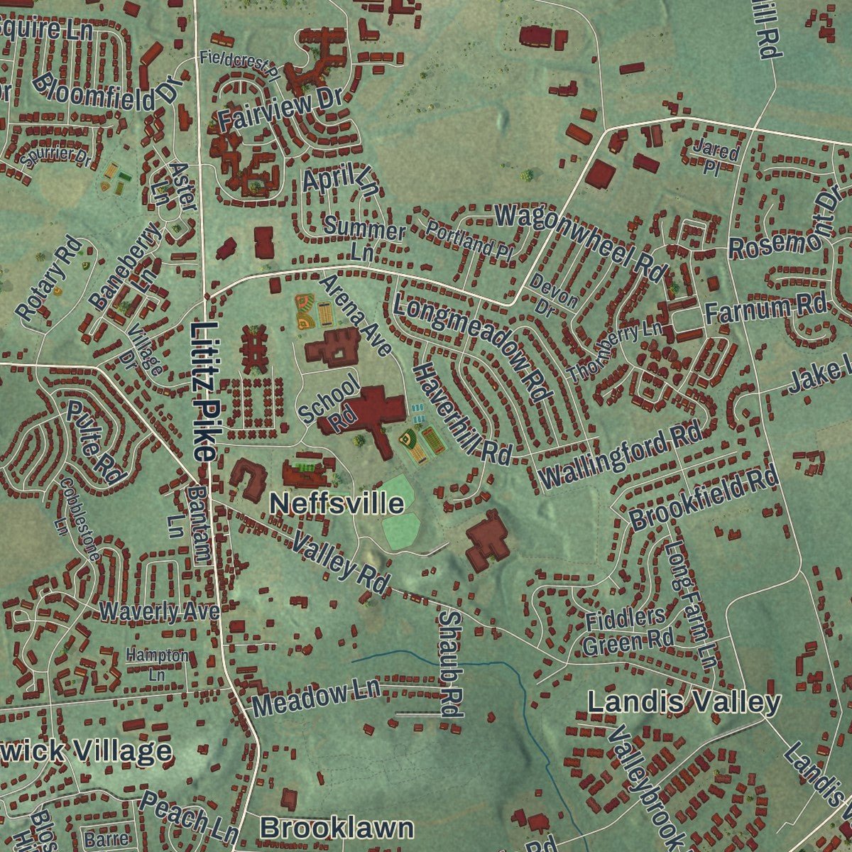 Second close-up of the map of Manheim, Lancaster County, Pennsylvania print showing more streets and buildings