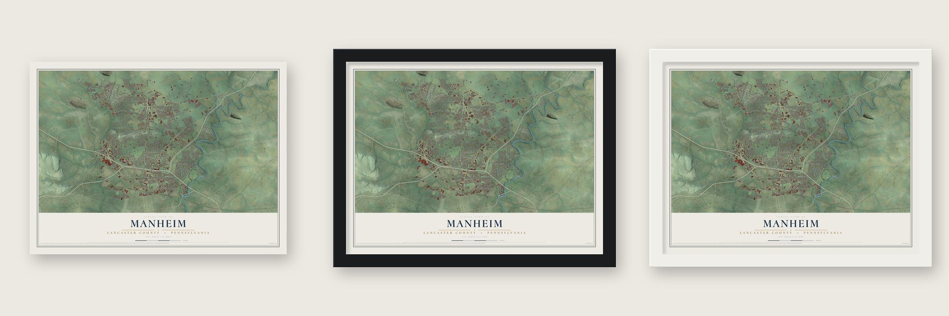 Manheim, Lancaster County, Pennsylvania map unframed, in a black wood frame and in a white wood frame