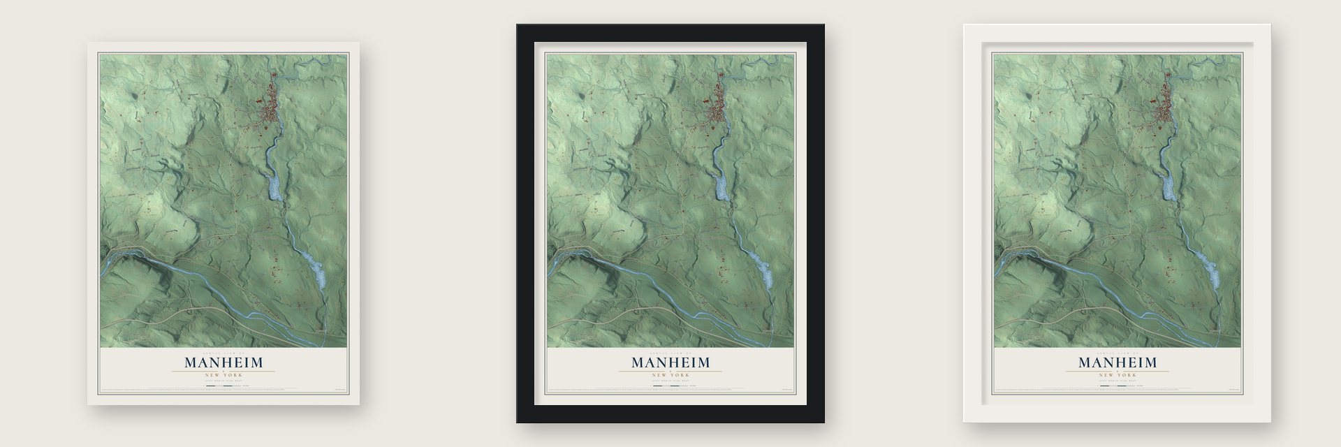 Manheim, New York map unframed, in a black wood frame and in a white wood frame