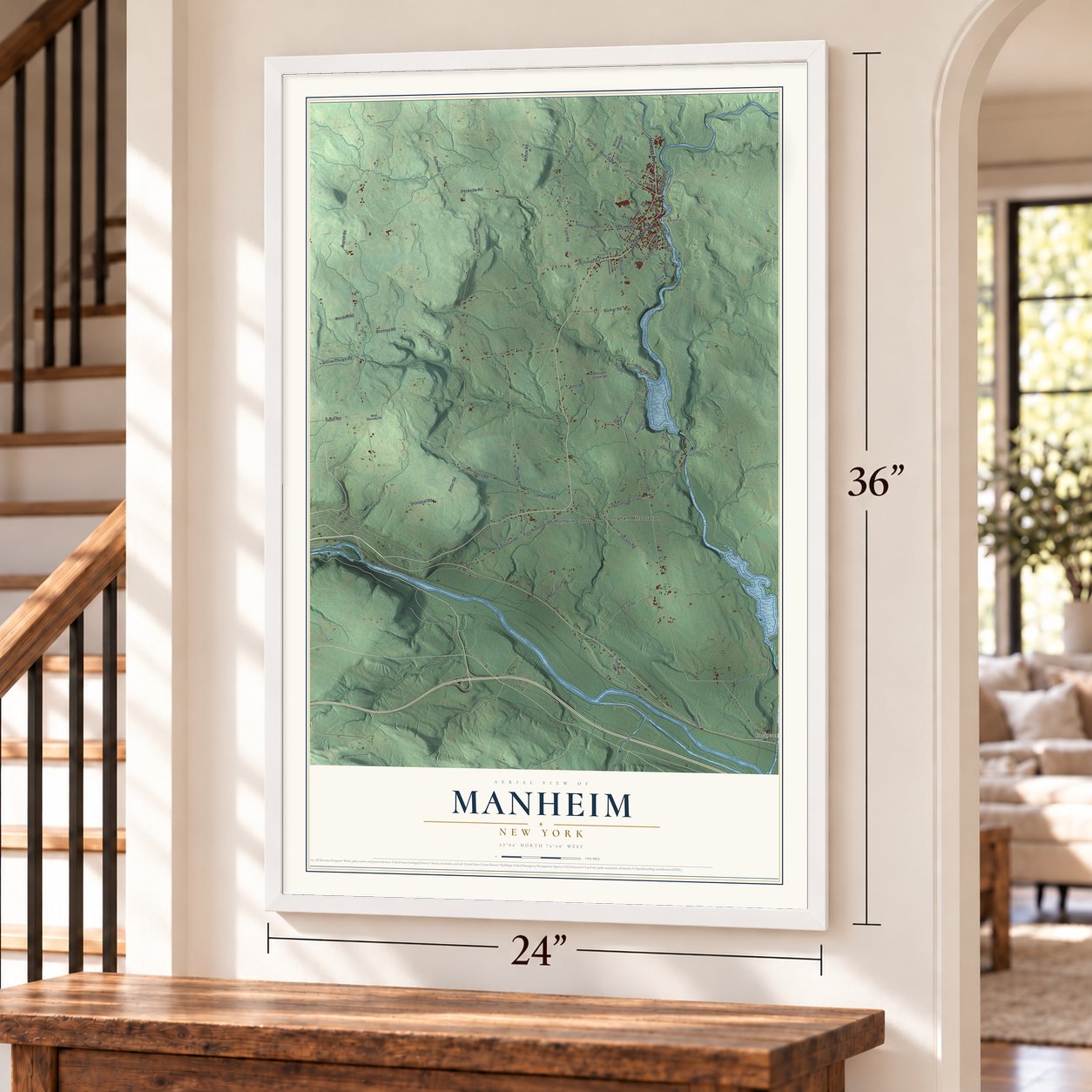 Manheim, New York map, 24 x 36 inch print in a white frame by a staircase
