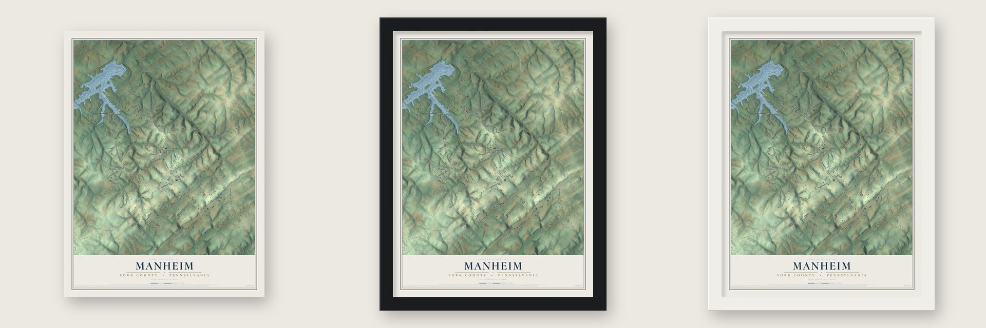 Manheim, York County, Pennsylvania map unframed, in a black wood frame and in a white wood frame