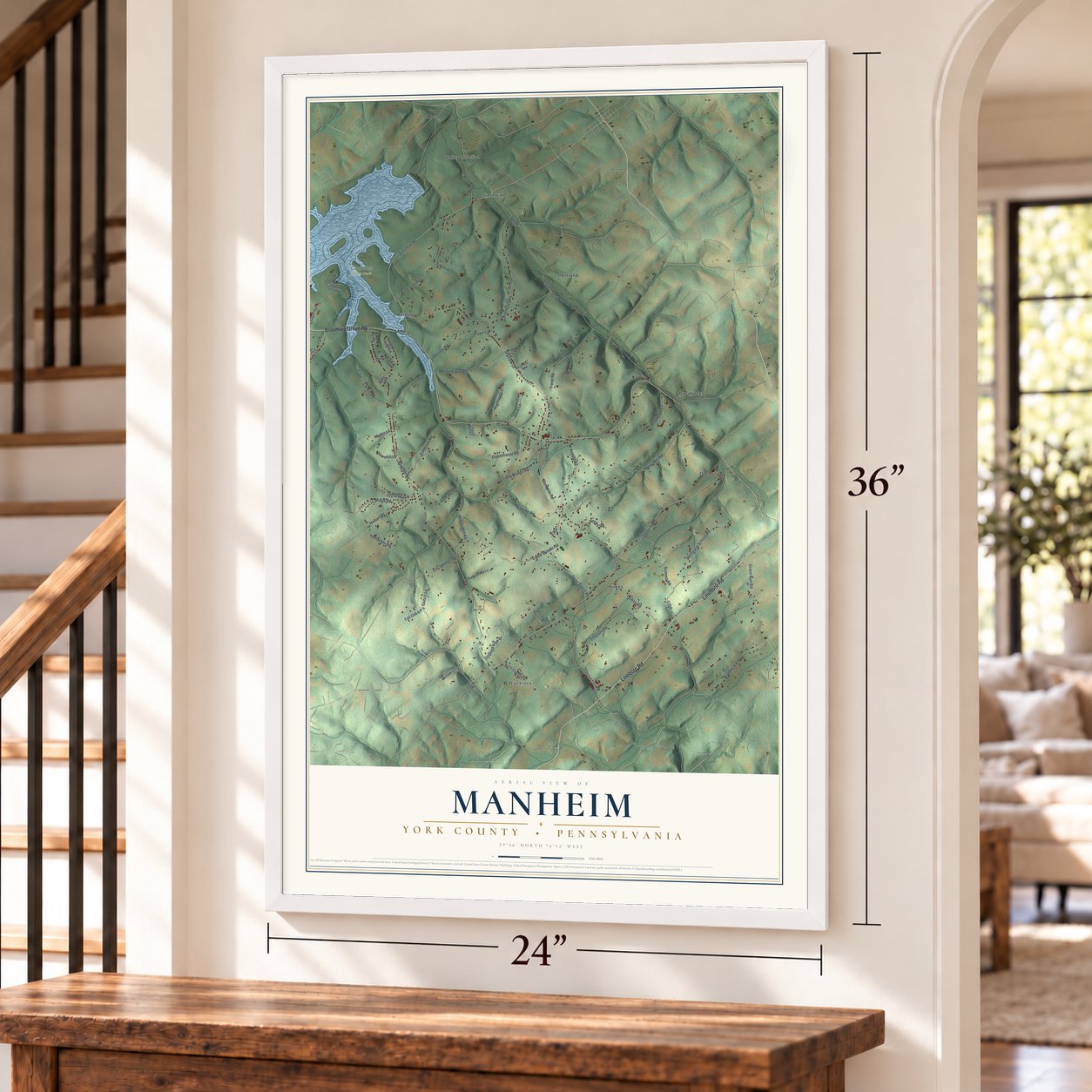 Manheim, York County, Pennsylvania map, 24 x 36 inch print in a white frame by a staircase