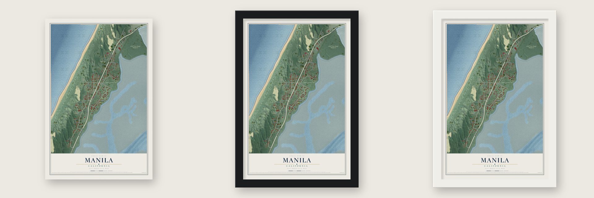 Manila, California map unframed, in a black wood frame and in a white wood frame