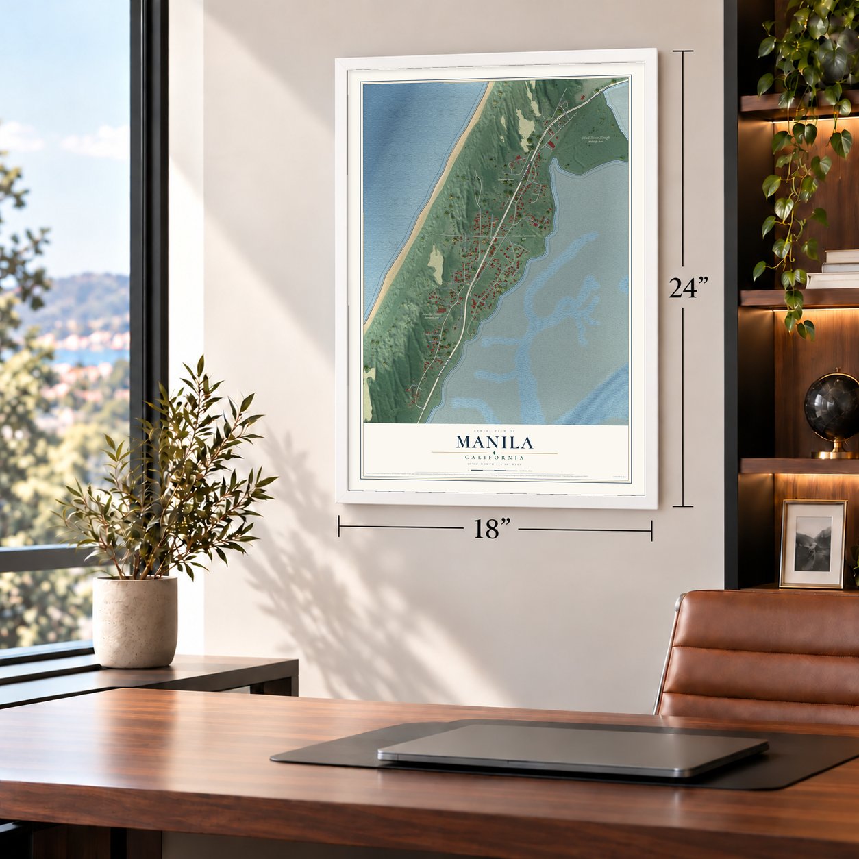 Manila, California map, 18 x 24 inch print in a white frame in a home office