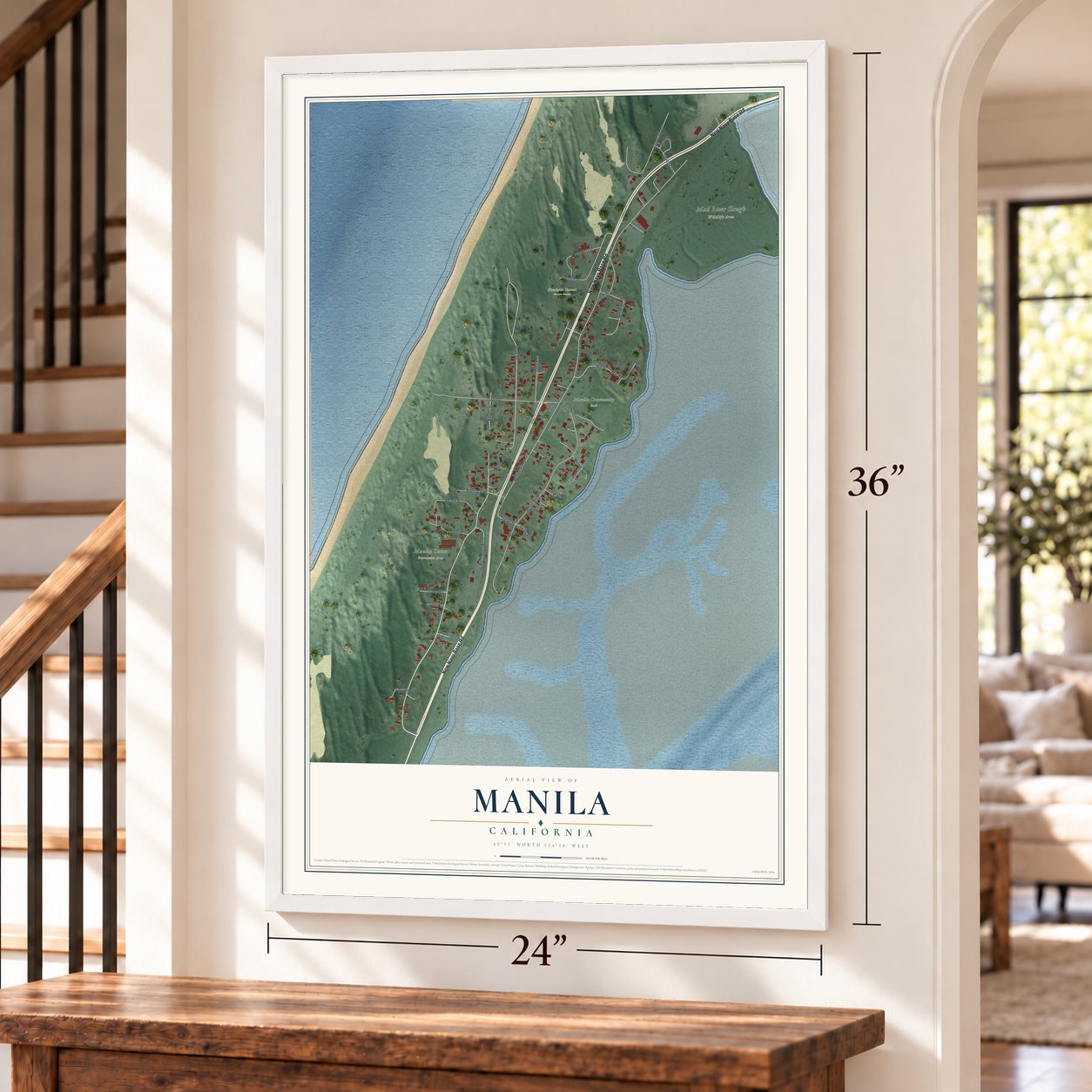 Manila, California map, 24 x 36 inch print in a white frame by a staircase