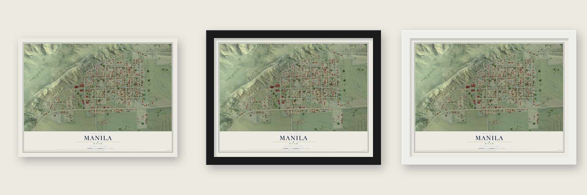 Manila, Utah map unframed, in a black wood frame and in a white wood frame