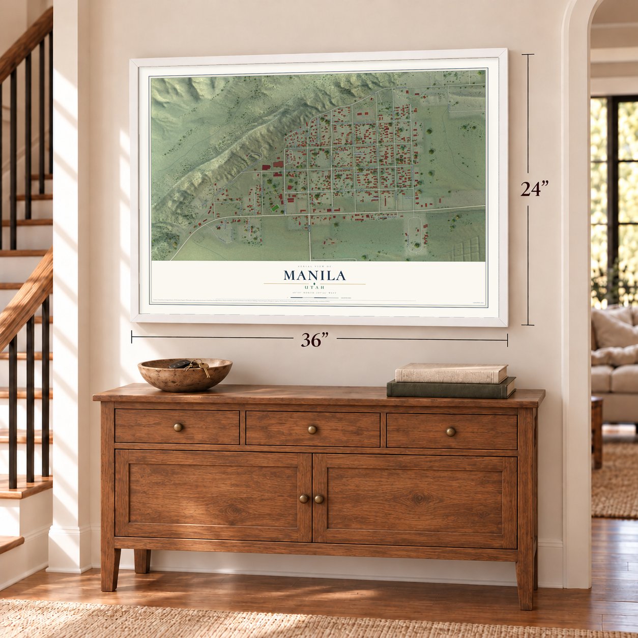 Manila, Utah map, 24 x 36 inch print in a white frame above a dresser by a staircase