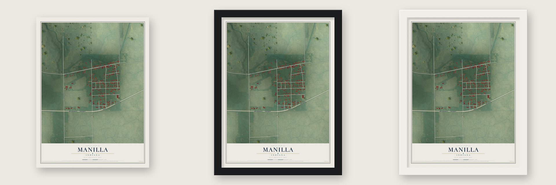 Manilla, Indiana map unframed, in a black wood frame and in a white wood frame