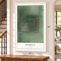 Manilla, Indiana map, 24 x 36 inch print in a white frame by a staircase