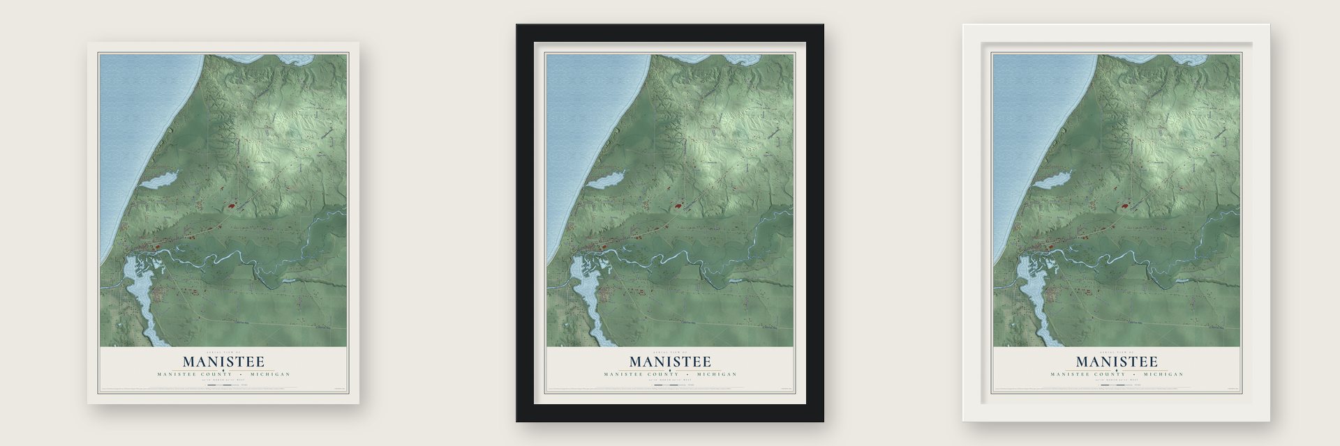 Manistee, Manistee County, Michigan map unframed, in a black wood frame and in a white wood frame
