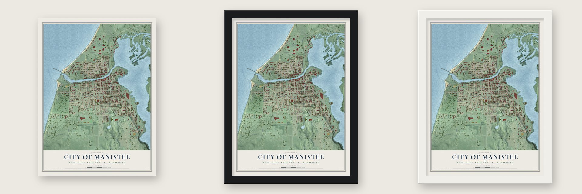 Manistee, Michigan map unframed, in a black wood frame and in a white wood frame