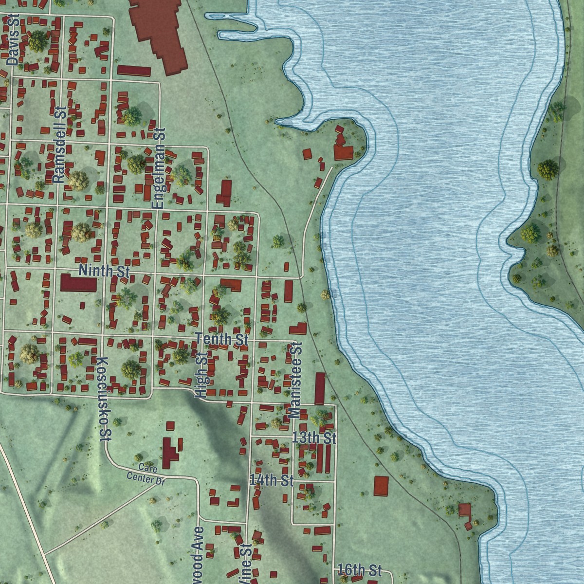 Second close-up of the map of Manistee, Michigan print showing more streets and buildings