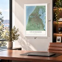 Manistee, Michigan map, 18 x 24 inch print in a white frame in a home office