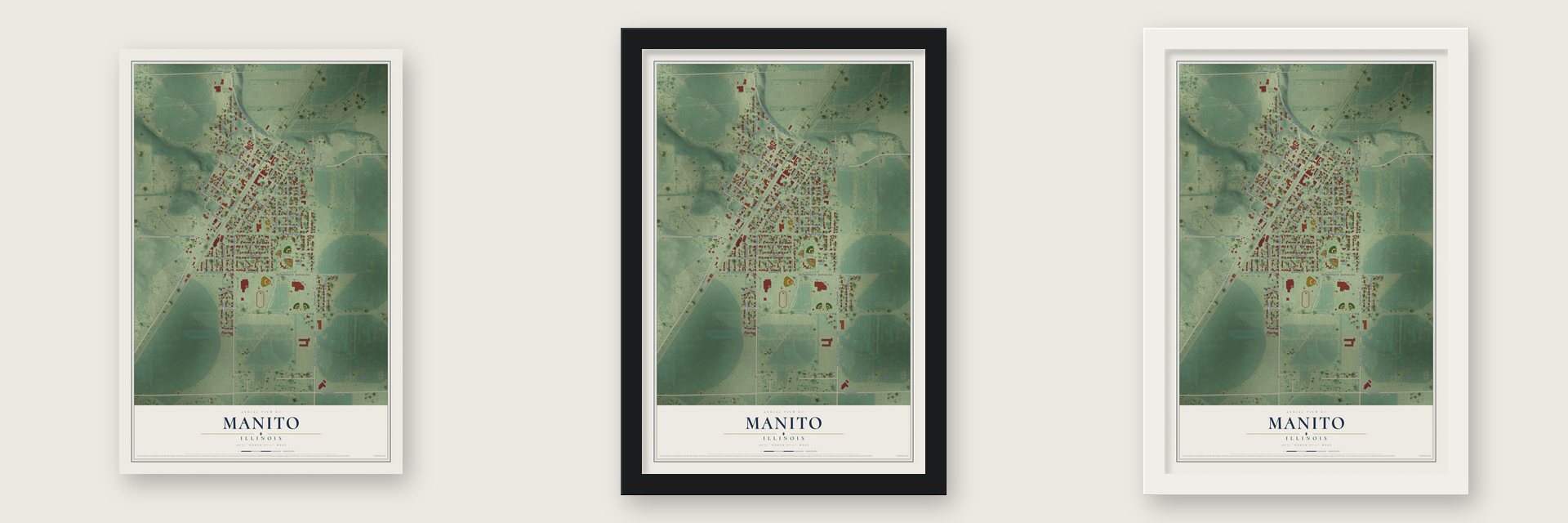 Manito, Illinois map unframed, in a black wood frame and in a white wood frame