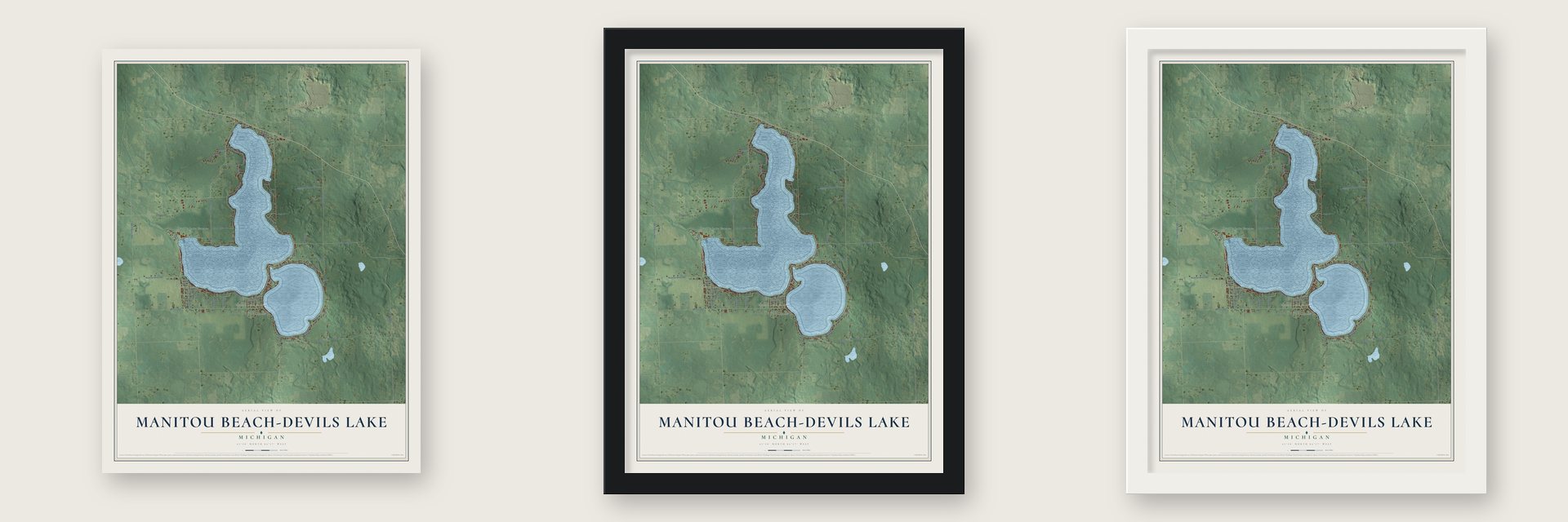 Manitou Beach-Devils Lake, Michigan map unframed, in a black wood frame and in a white wood frame