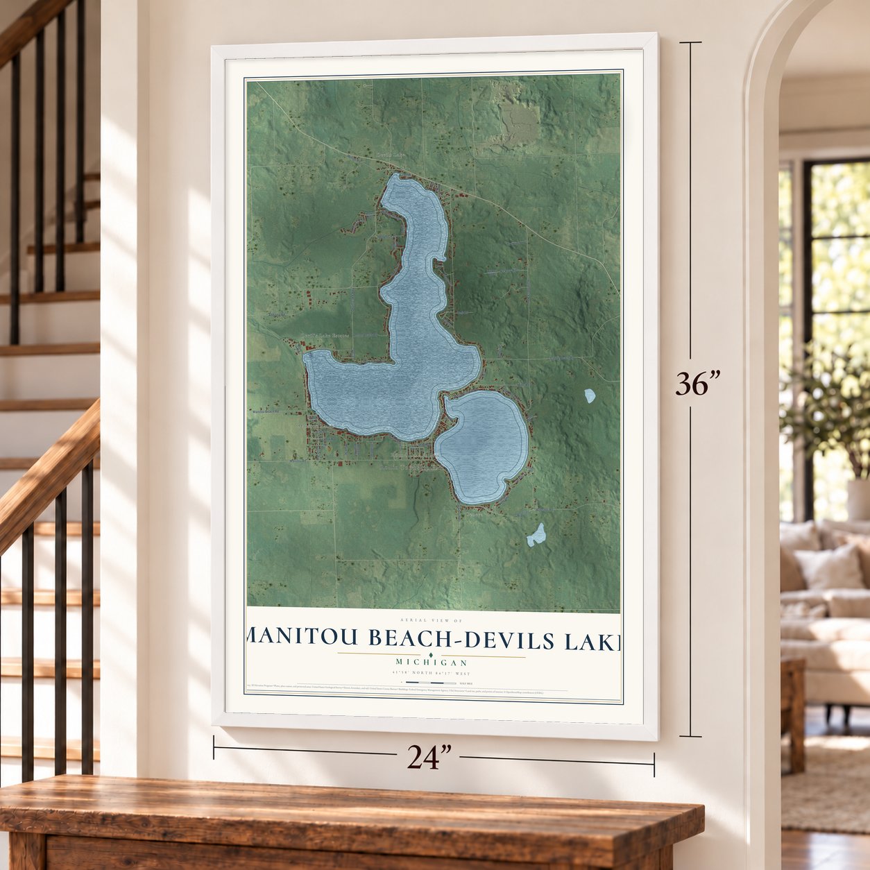 Manitou Beach-Devils Lake, Michigan map, 24 x 36 inch print in a white frame by a staircase
