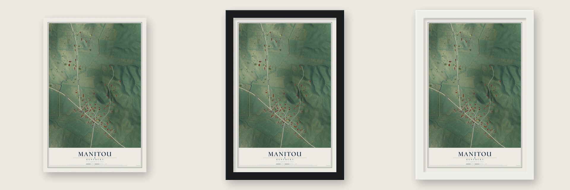 Manitou, Kentucky map unframed, in a black wood frame and in a white wood frame