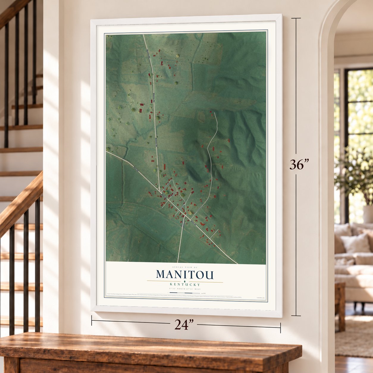 Manitou, Kentucky map, 24 x 36 inch print in a white frame by a staircase