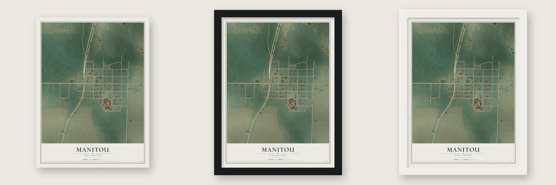 Manitou, Oklahoma map unframed, in a black wood frame and in a white wood frame