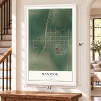 Manitou, Oklahoma map, 24 x 36 inch print in a white frame by a staircase