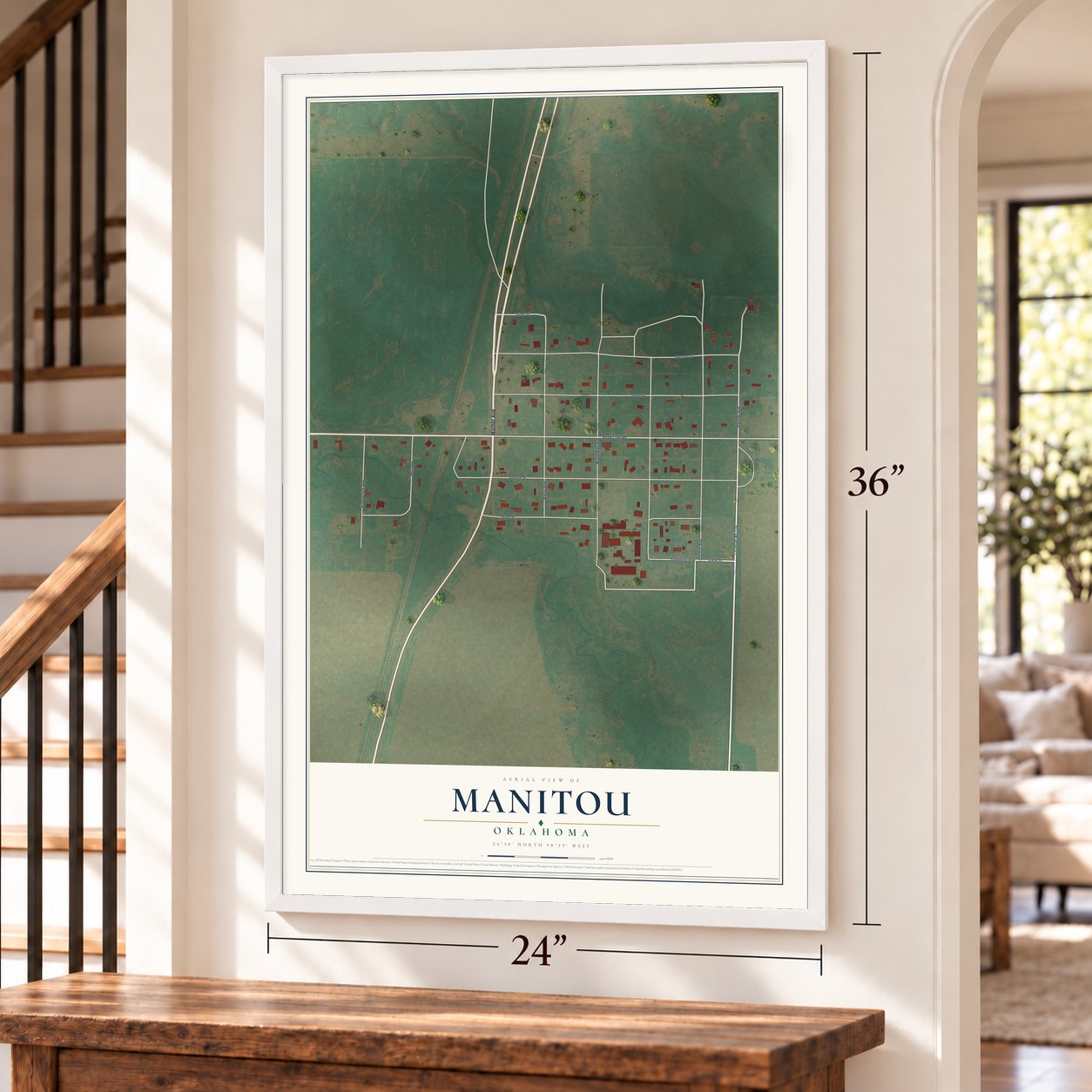 Manitou, Oklahoma map, 24 x 36 inch print in a white frame by a staircase