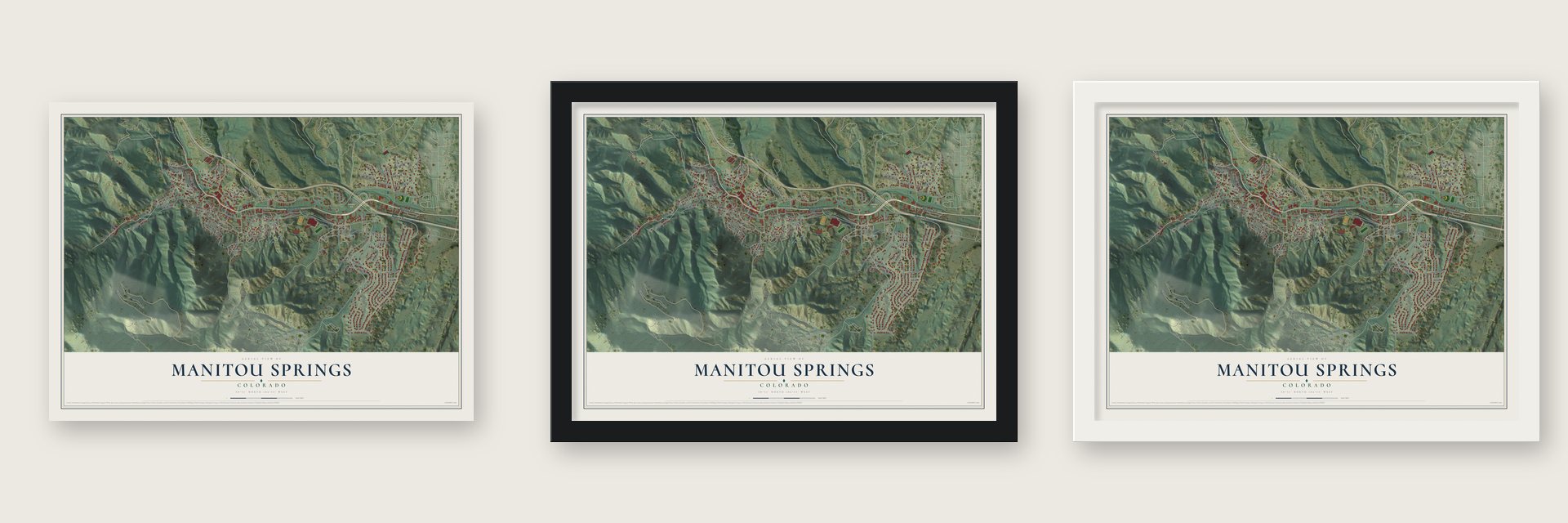 Manitou Springs, Colorado map unframed, in a black wood frame and in a white wood frame