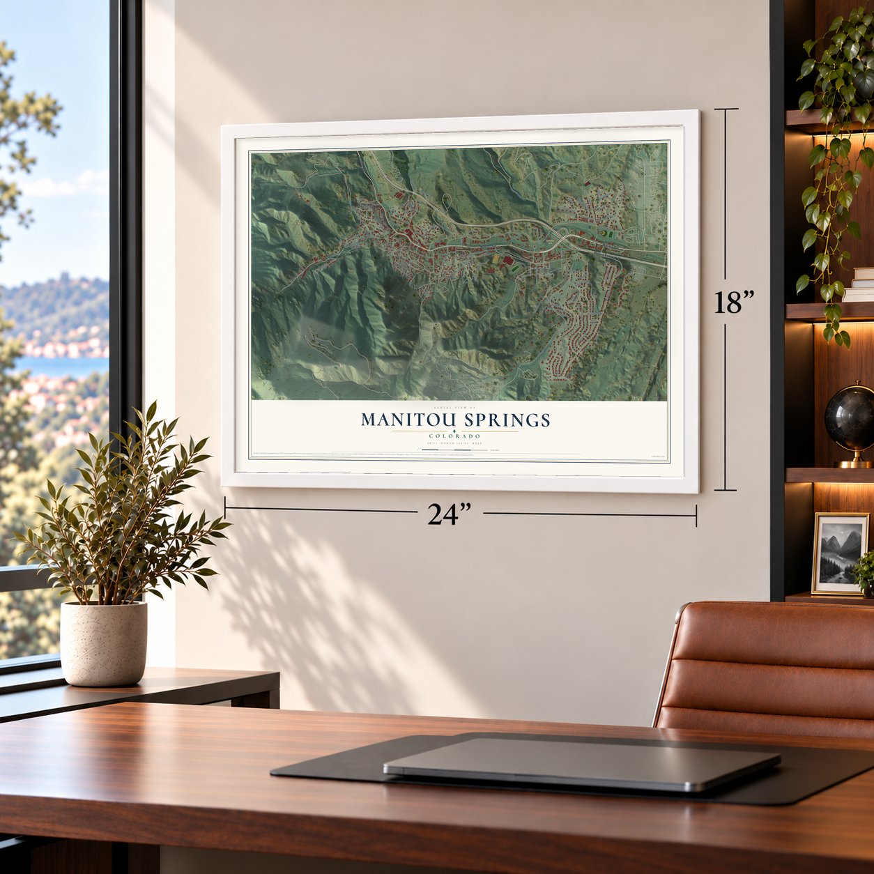 Manitou Springs, Colorado map, 18 x 24 inch print in a white frame in a home office