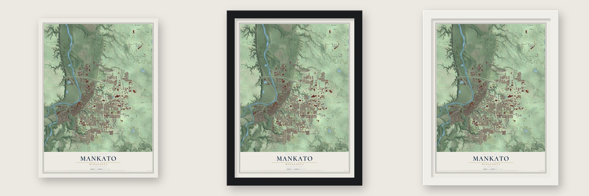 Mankato, Minnesota map unframed, in a black wood frame and in a white wood frame