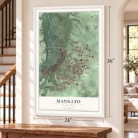 Mankato, Minnesota map, 24 x 36 inch print in a white frame by a staircase