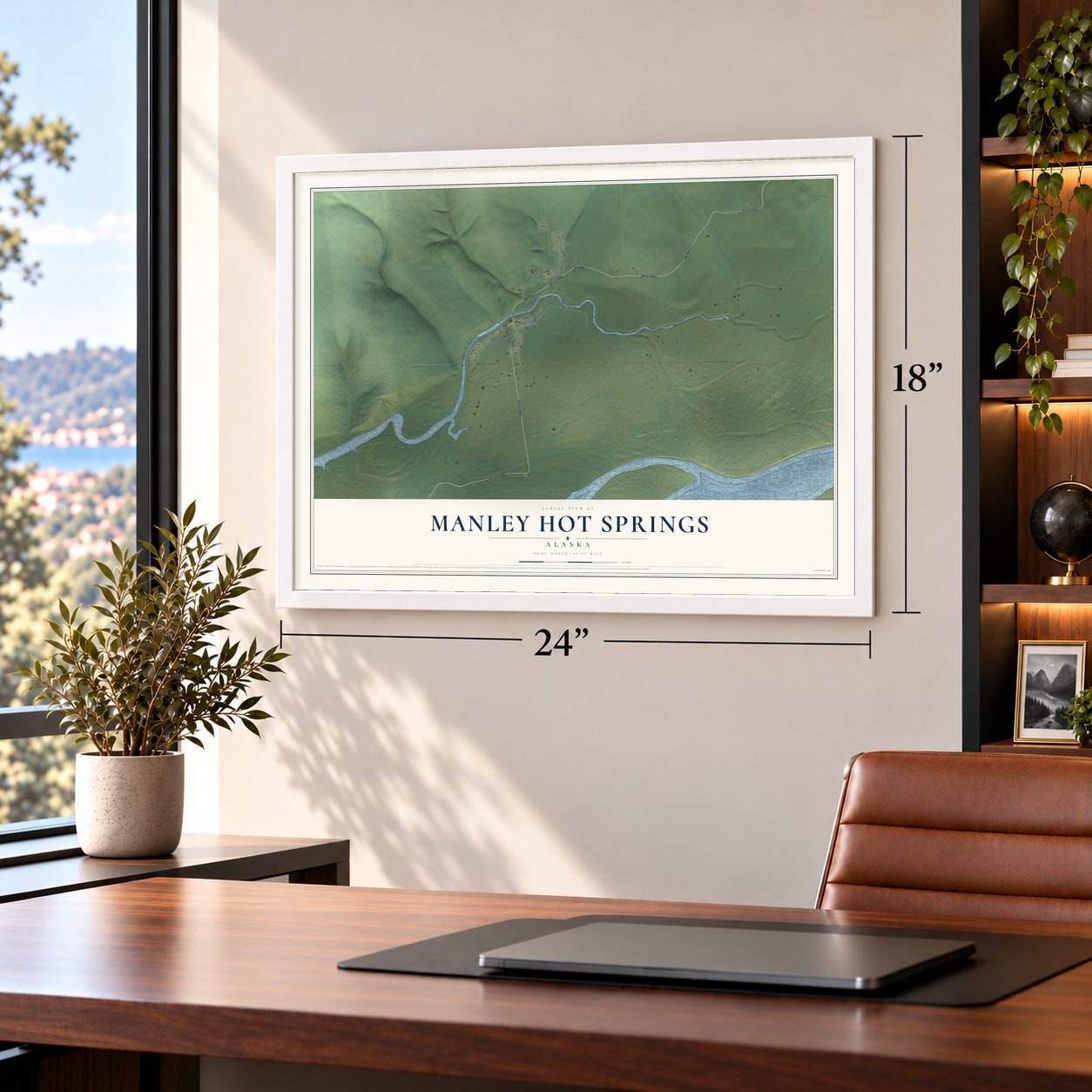 Manley Hot Springs, Alaska map, 18 x 24 inch print in a white frame in a home office