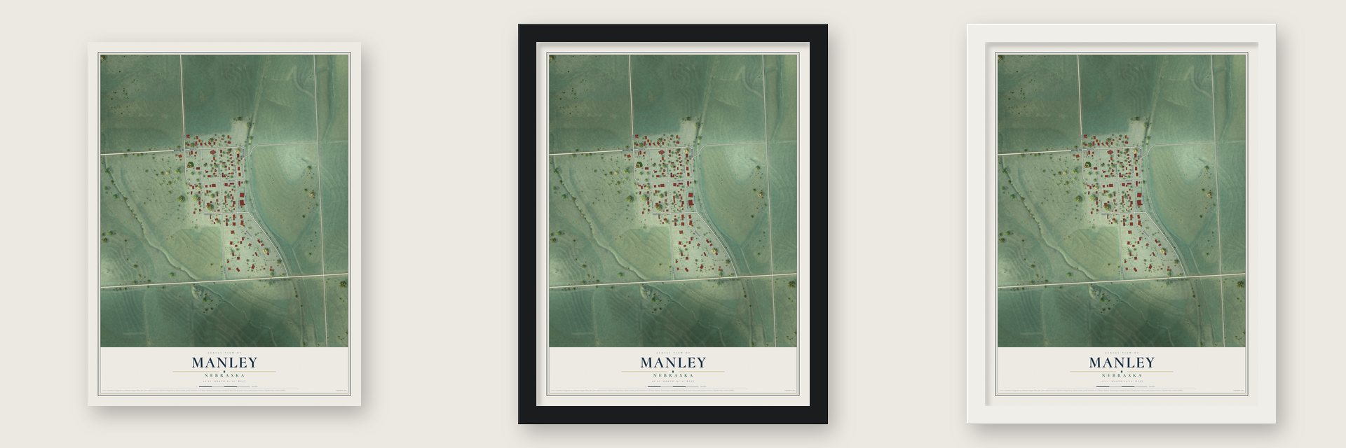 Manley, Nebraska map unframed, in a black wood frame and in a white wood frame