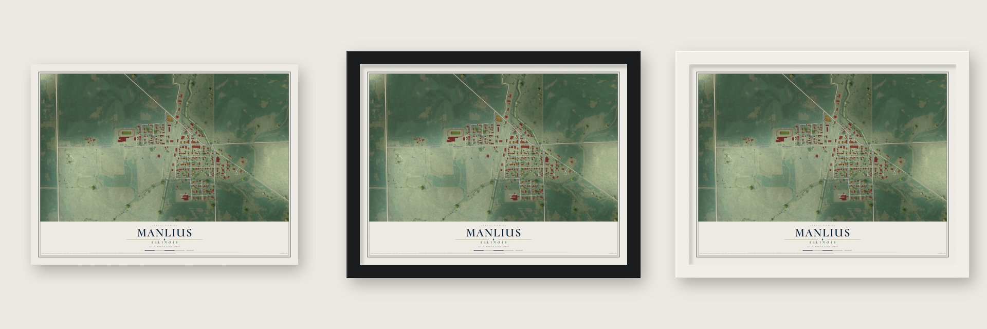 Manlius, Illinois map unframed, in a black wood frame and in a white wood frame