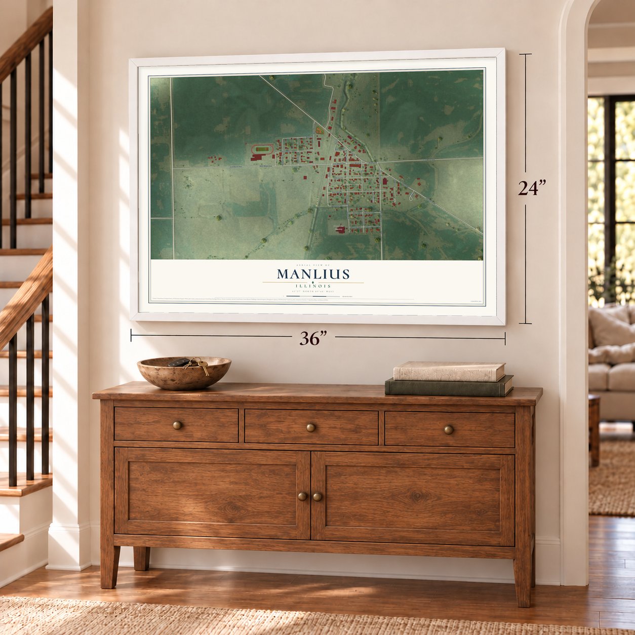 Manlius, Illinois map, 24 x 36 inch print in a white frame above a dresser by a staircase