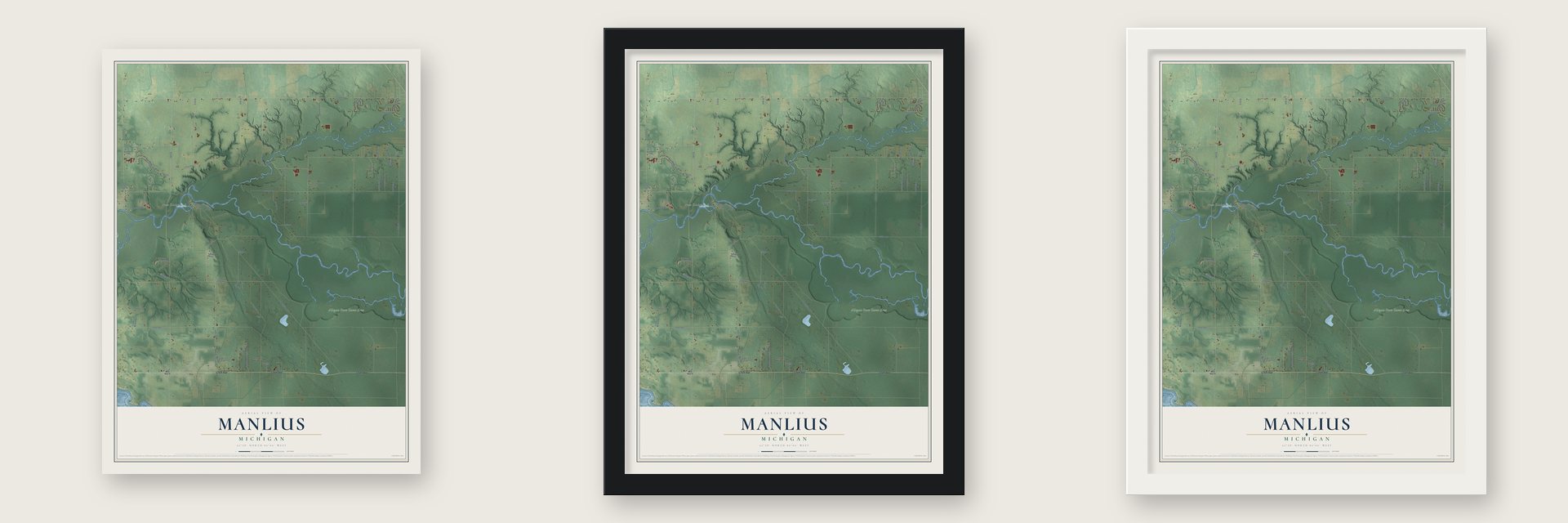 Manlius, Michigan map unframed, in a black wood frame and in a white wood frame